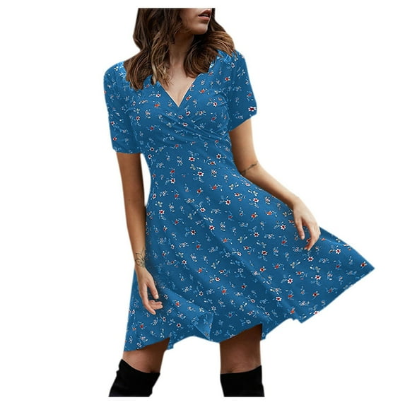 Babysbule Women's Summer Dresses Women V Neck Manches Short Sleeve Robe Retro Elegant Party Club Casual Dress