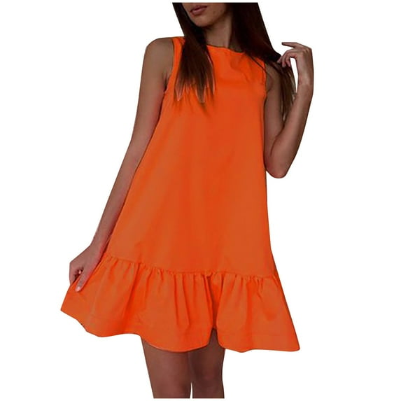 Babysbule Women's Summer Dresses Clearance Women's Fashion Casual O-Neck Solid Color Vest Sleeveless Soft Pleated Dress