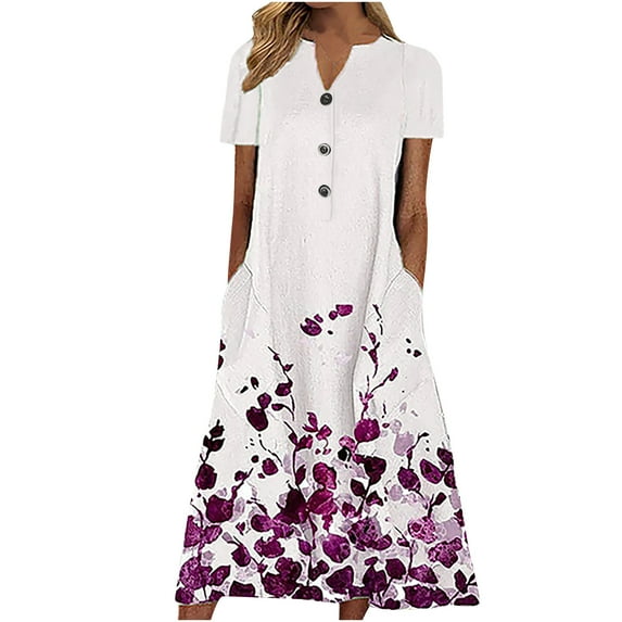 Babysbule Women's Summer Dresses Fashion Women Summer Printing Causal V-Neck Button Short Sleeve Vacation Pockets Dress