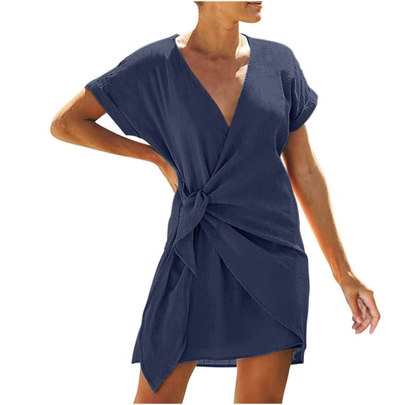 Babysbule Women's Summer Dresses Women's Summer Solid Color And V-neck Belt Short Sleeve Dress Mini Dress Party Dress