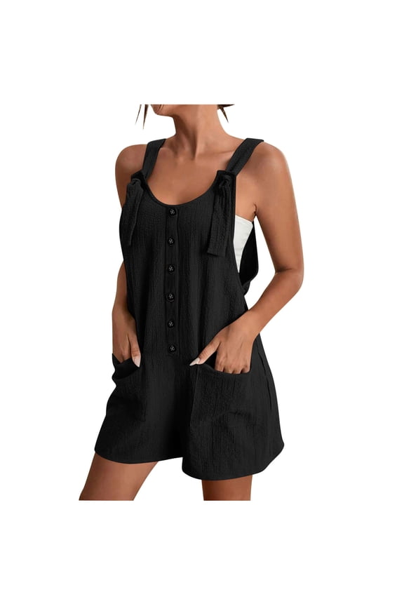 Women's Summer Solid Button Overall Jumpsuit Suspender One Piece Sleeveless Wide Leg Shorts Rompers With Pockets