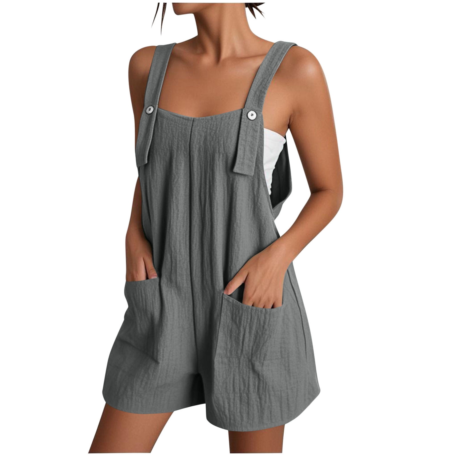1pc Overalls Jumpsuit with Bear Button Pocket & Fringe Shorts