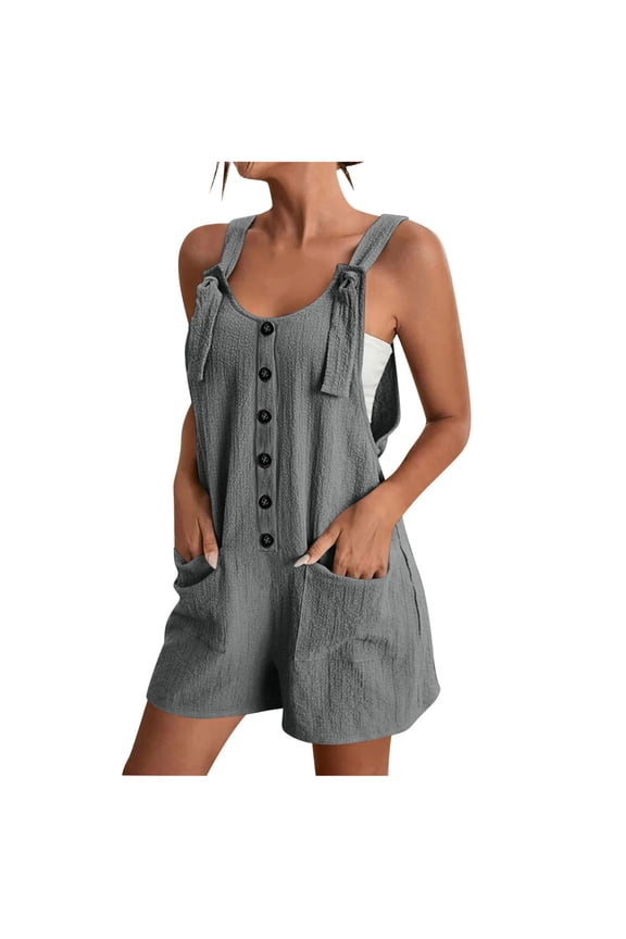 Women's Summer Solid Button Overall Jumpsuit Suspender One Piece Sleeveless Wide Leg Shorts Rompers With Pockets
