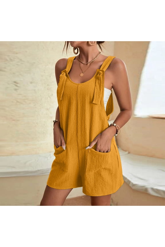 Women's Summer Solid Overall Jumpsuit Suspender One Piece Sleeveless Wide Leg Shorts Rompers With Pockets