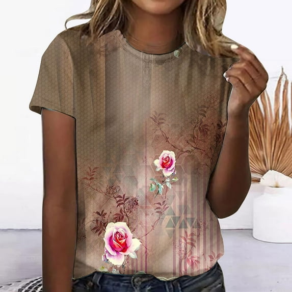 Babysbule Women's Summer Tops Casual Retro Floral Printed Round Neck Short Sleeve Blouses