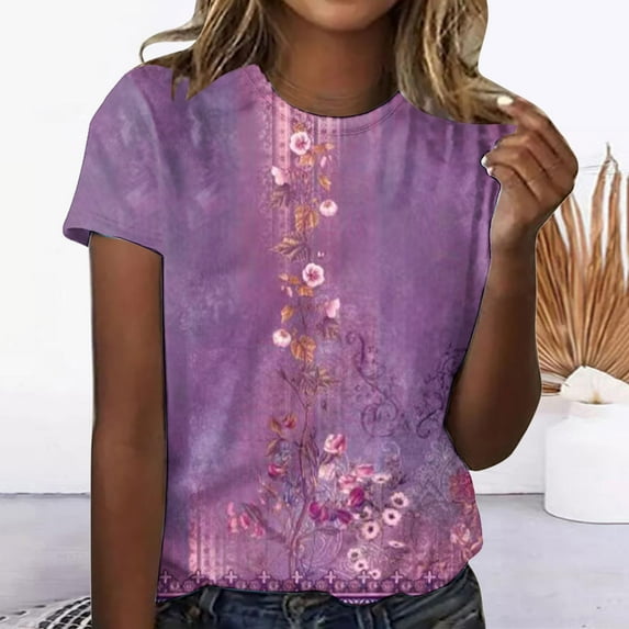 Babysbule Women's Summer Tops Clearance Casual Retro Floral Printed Round Neck Short Sleeve Blouses