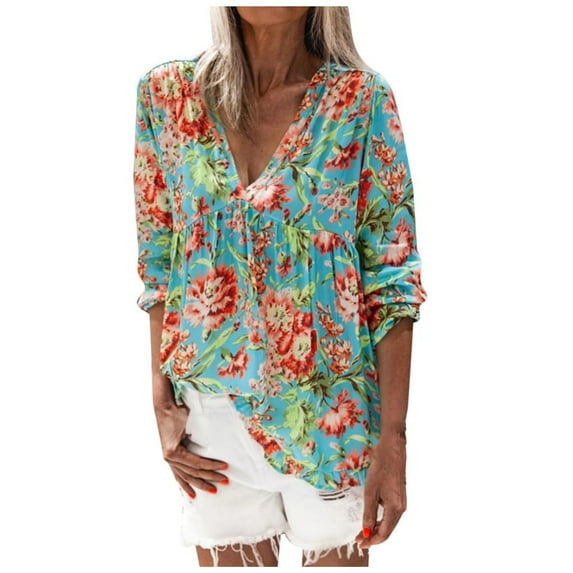 Babysbule Women's Summer Tops Women Fashion Printed V-neck Casual Long Sleeve Blouse Tops
