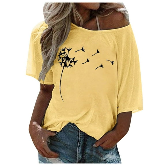 Babysbule Women's Summer Tops Women Plus Size One Shoulder Boho Floral Printed T-Shirt Top Summer Loose Blouse