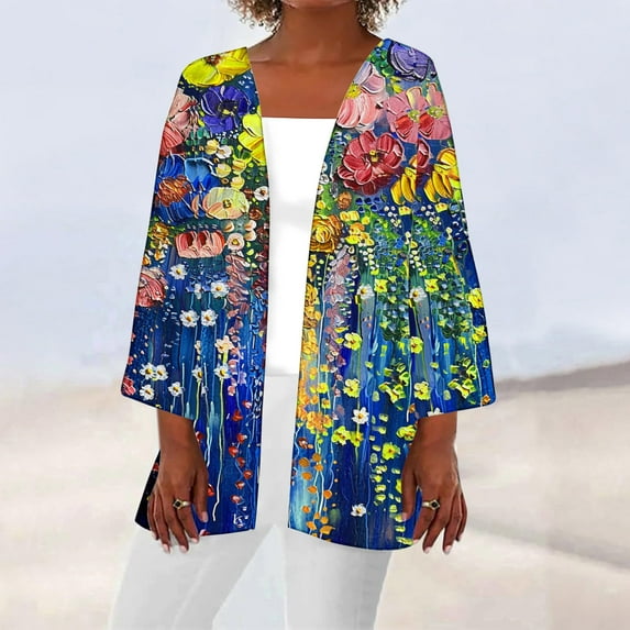 Babysbule Women's Tops, Jackets& Coat Women's Casual 3/4 Sleeve Print Loose Shirt Tops Cardigan