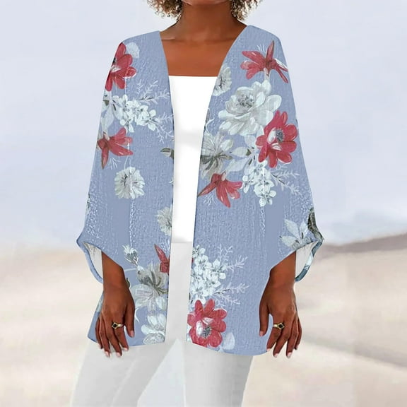 Babysbule Women's Tops, Jackets& Coat Women's Casual 3/4 Sleeve Print Loose Shirt Tops Cardigan