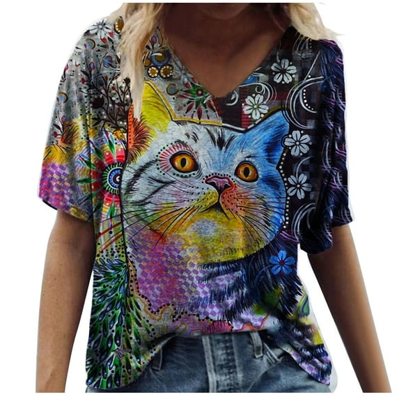 Babysbule Women's Tops Plus Size Women Short Sleeve Printed V-Neck Tops Tee T-Shirt Blouse
