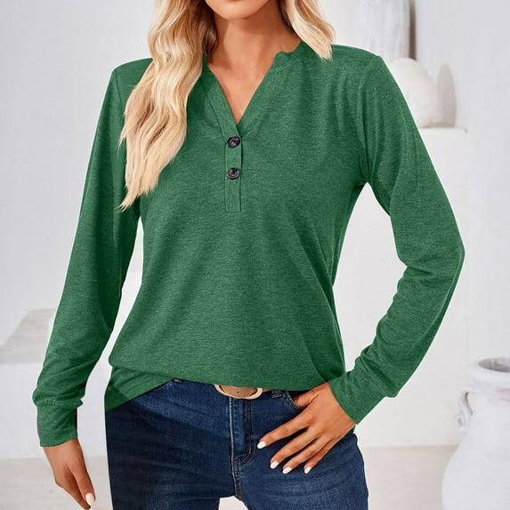 Babysbule Women's Tops Stylish Deep V-Neck Solid Button Long Sleeve Blouse Shirt Top