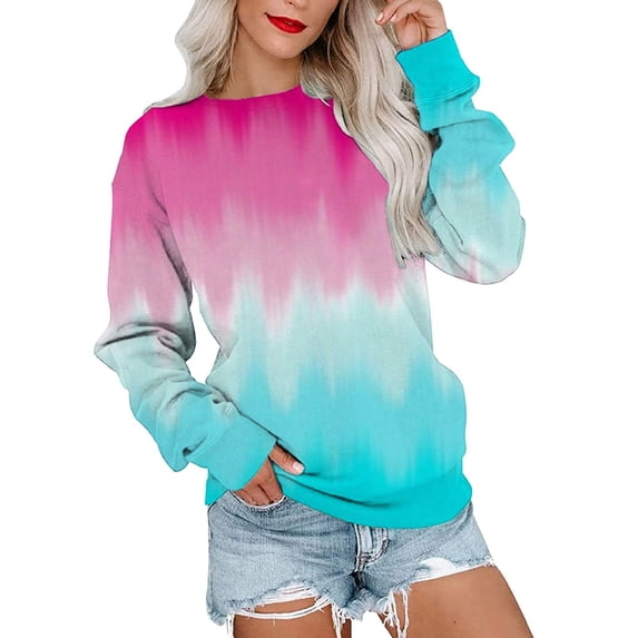 Babysbule Women's Tops Stylish Gradient Printed Loose T-shirt Long Sleeves Blouse Round Neck Casual Sweatshirt Hoodies