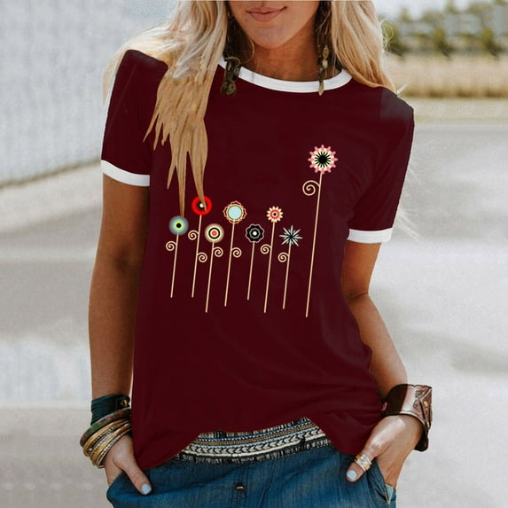 Babysbule Women's Tops Woman Colour Flower Print Short Sleeve Round Neck Casual Loose Tops Short Sleeve