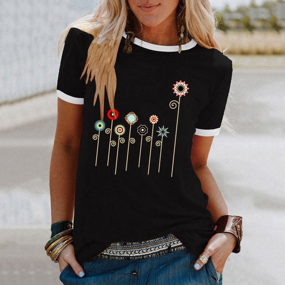 Babysbule Women's Tops Woman Colour Flower Print Short Sleeve Round Neck Casual Loose Tops Short Sleeve