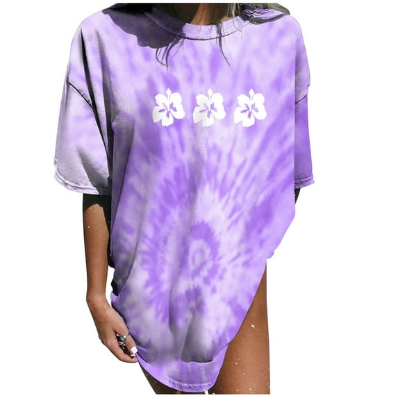 Babysbule Women's Tops Women's Vintage Drop Short Sleeves Printed Pattern Casual Short Sleeve Gradient Tie-dye Print Tops Blouse