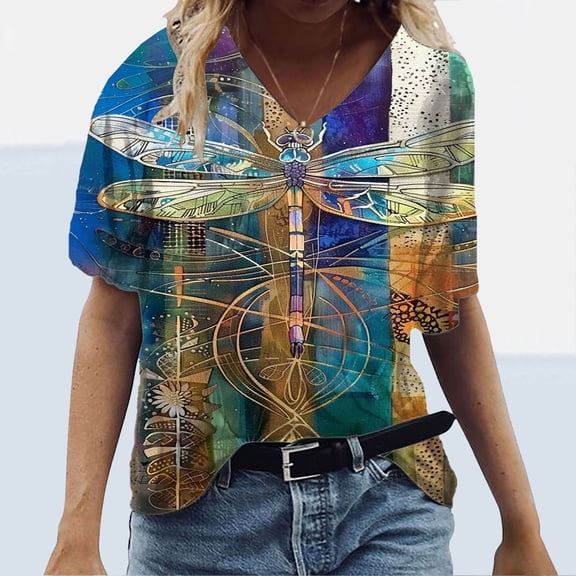 Babysbule Women's Tops Plus Size Women Short Sleeve Printed V-Neck Tops Tee T-Shirt Blouse