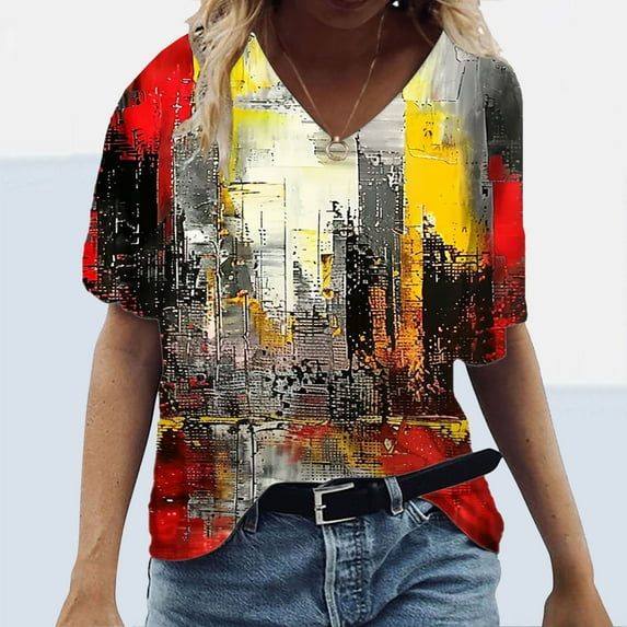Babysbule Women's Tops Plus Size Women Short Sleeve Printed V-Neck Tops Tee T-Shirt Blouse