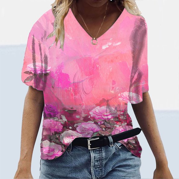 Babysbule Women's Tops Plus Size Women Short Sleeve Printed V-Neck Tops Tee T-Shirt Blouse