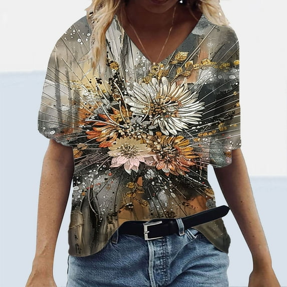 Babysbule Women's Tops Plus Size Women Short Sleeve Printed V-Neck Tops Tee T-Shirt Blouse