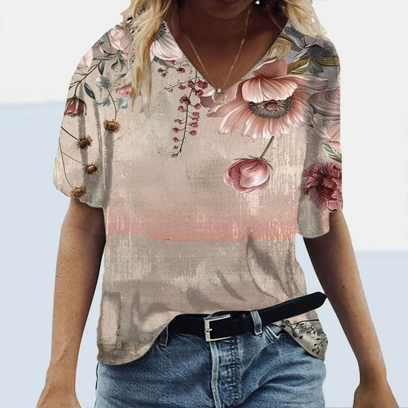 Babysbule Women's Tops Plus Size Women Short Sleeve Printed V-Neck Tops Tee T-Shirt Blouse