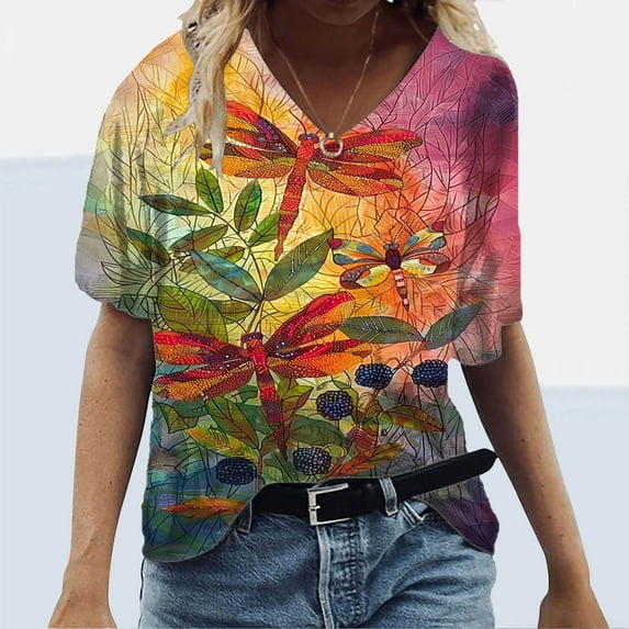 Babysbule Women's Tops Plus Size Women Short Sleeve Printed V-Neck Tops Tee T-Shirt Blouse