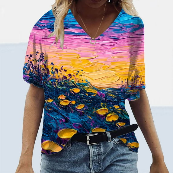 Babysbule Women's Tops Plus Size Women Short Sleeve Printed V-Neck Tops Tee T-Shirt Blouse
