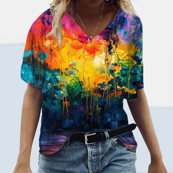 Babysbule Women's Tops Plus Size Women Short Sleeve Printed V-Neck Tops Tee T-Shirt Blouse