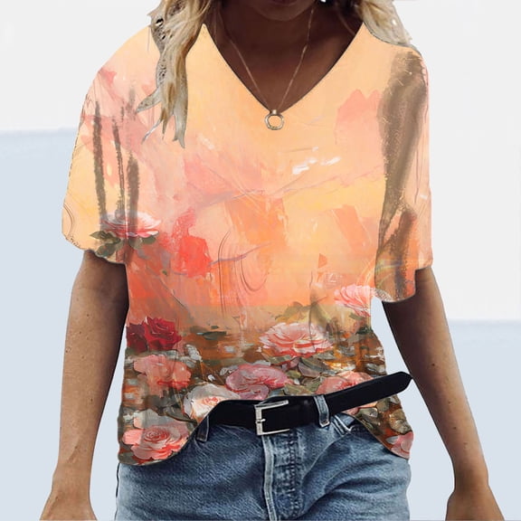 Babysbule Women's Tops Plus Size Women Short Sleeve Printed V-Neck Tops Tee T-Shirt Blouse