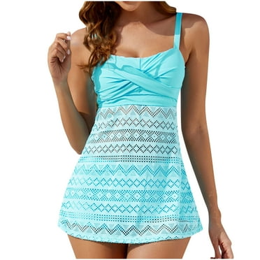 Babysbule Women's Two Piece Swimsuit Summer High Waisted Oversized Split Mesh Swimsuit Conservative Belly Covering Skirt Style Swimwear