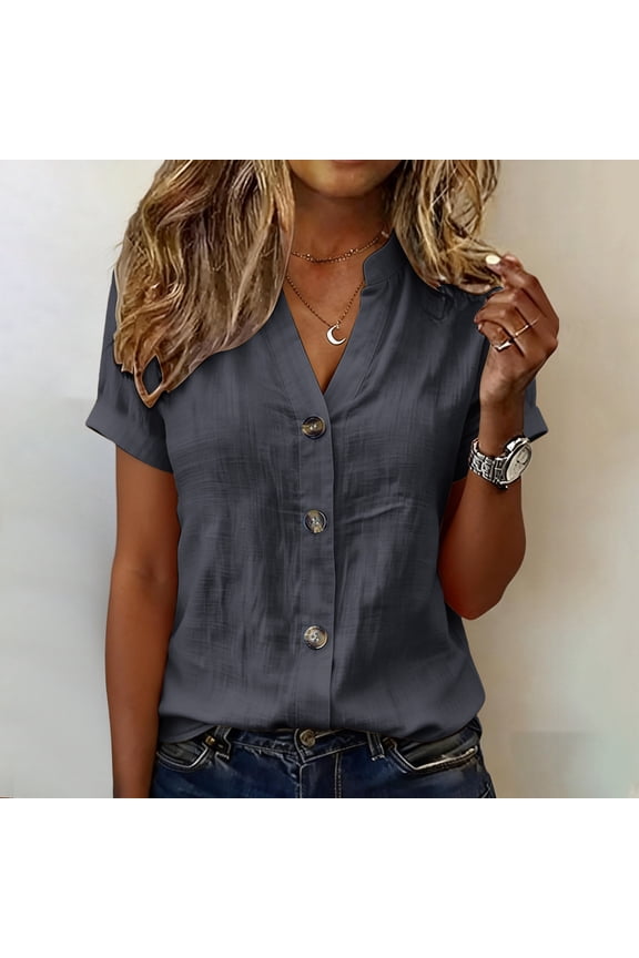 Women's V Neck Button Down Blouse Cotton Linen Blend Short Sleeve Casual Top for Spring Summer Daily Wear