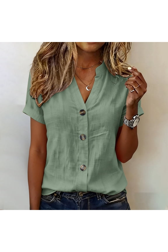 Women's V Neck Button Down Blouse Cotton Linen Blend Short Sleeve Casual Top for Spring Summer Daily Wear