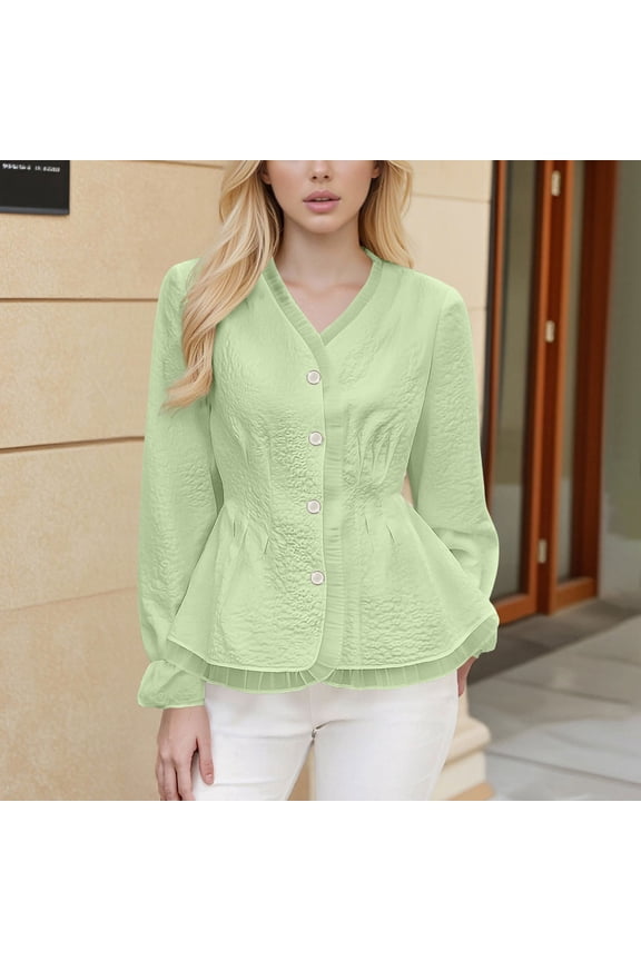 Women's V-Neck Button Front Peplum Blouse with Ruffled Hem and Smocked Cuffs for Spring and Summer Office Wear