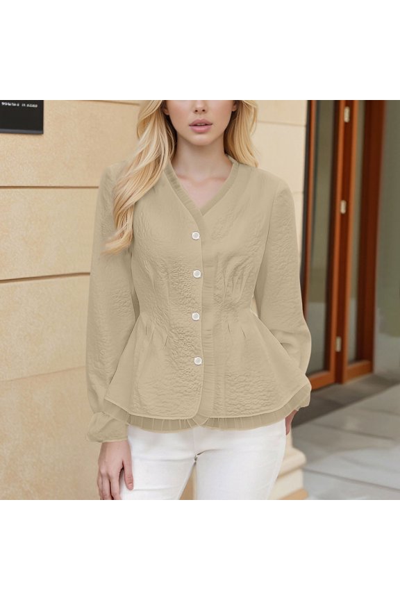 Women's V-Neck Button Front Peplum Blouse with Ruffled Hem and Smocked Cuffs for Spring and Summer Office Wear