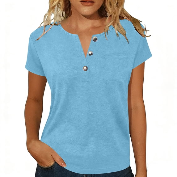 Babysbule Women's V Neck Button Placket Short Sleeve Henley T Shirt, Casual Loose Fit Top for Daily All Season Wear