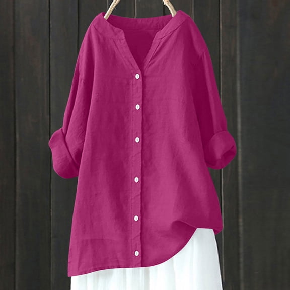 Babysbule Women's V-Neck Cotton Linen Blouse Long Sleeve Loose Casual Tunic Top Summer Comfy Button Shirt for Dating Work Vacation