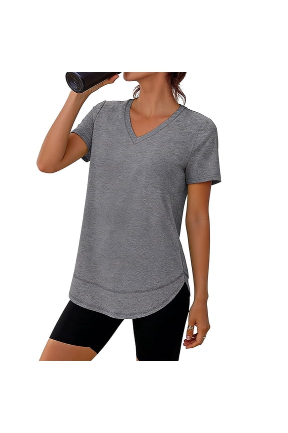 Women's V-Neck Curved Hem Active Tunic Top, Moisture Wicking Short Sleeve Workout Shirt for Running, Yoga and Casual Wear
