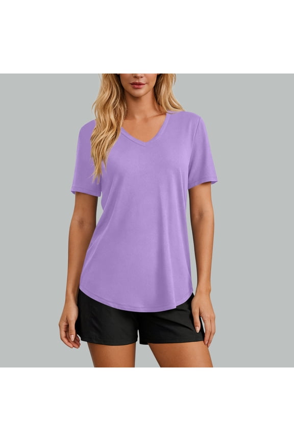 Women's V Neck Curved Hem Short Sleeve Tunic Top, Lightweight Casual Loose Fit T-Shirt for Daily and Active Wear