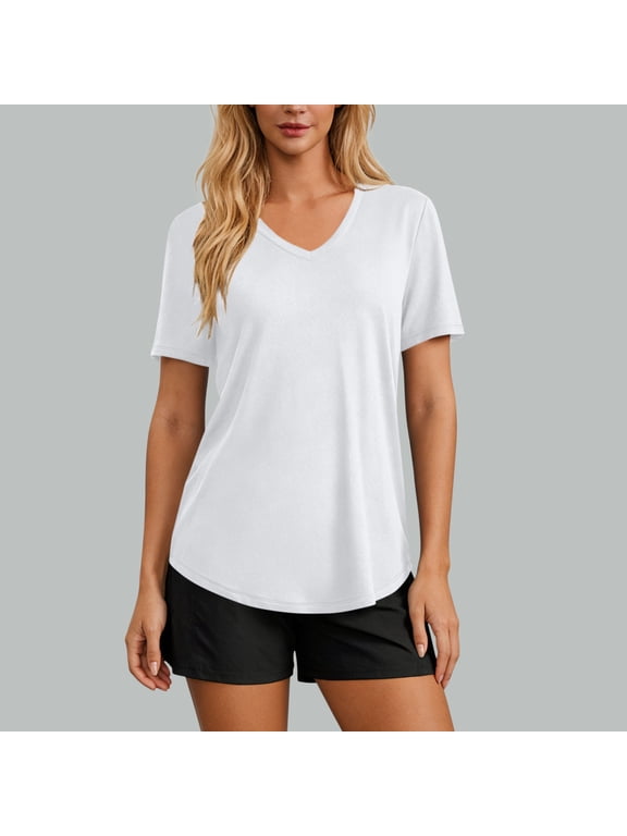 Women's V Neck Curved Hem Short Sleeve Tunic Top, Lightweight Casual Loose Fit T-Shirt for Daily and Active Wear