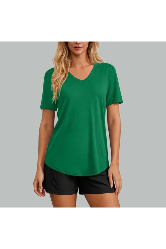 Women's V Neck Curved Hem Short Sleeve Tunic Top, Lightweight Casual Loose Fit T-Shirt for Daily and Active Wear