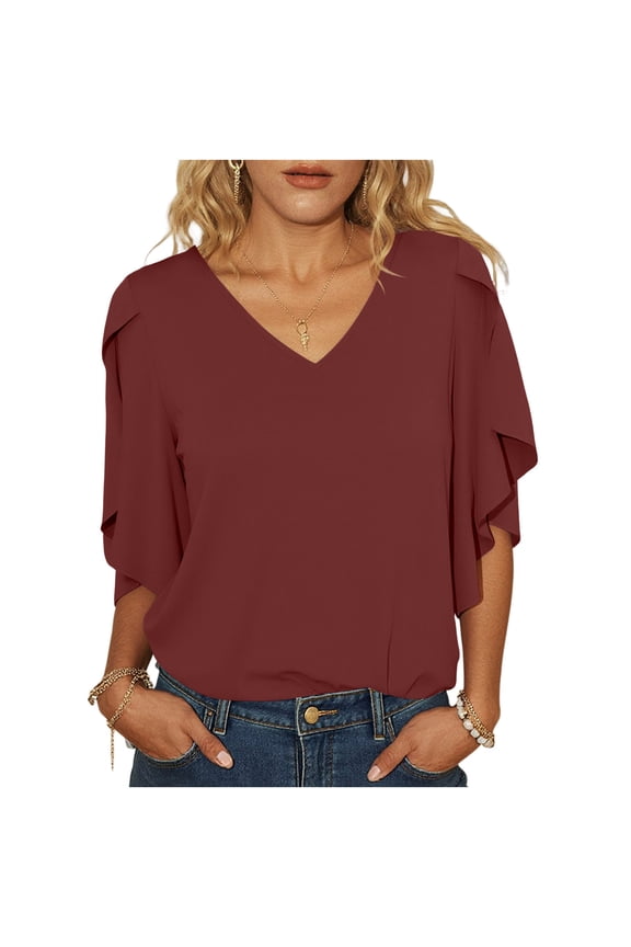Women's V-Neck Flutter Sleeve Blouse Loose Fit Versatile Casual Top for Spring Summer Daily and Office Wear
