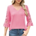 thumbnail image 1 of Babysbule Women's V-Neck Lace Blouse Casual 3/4 Sleeve Top Fashion Solid Ladies Shirt for Daily Wear, Comfy & Flattering Fit, 1 of 7