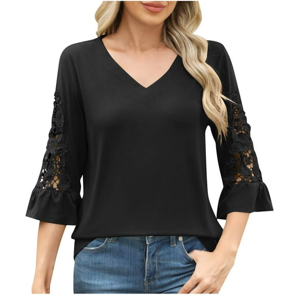 Babysbule Women's V-Neck Lace Blouse Casual 3/4 Sleeve Top Fashion Solid Ladies Shirt for Daily Wear, Comfy & Flattering Fit