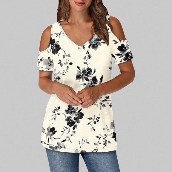 Babysbule Women's V-Neck Off Shoulder Blouse Short Sleeve Casual Top Fashion Printing Comfy Lightweight Summer T-Shirt