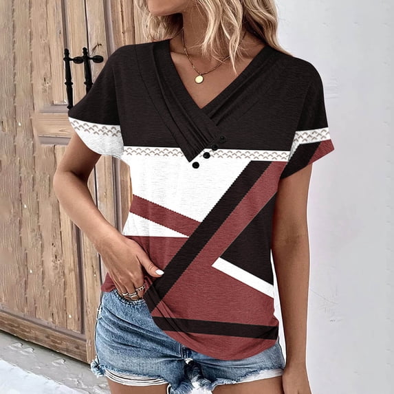 Babysbule Women's V-Neck Pattern Tops Fashion Casual Short Sleeved Multicolor Spring And Summer Top