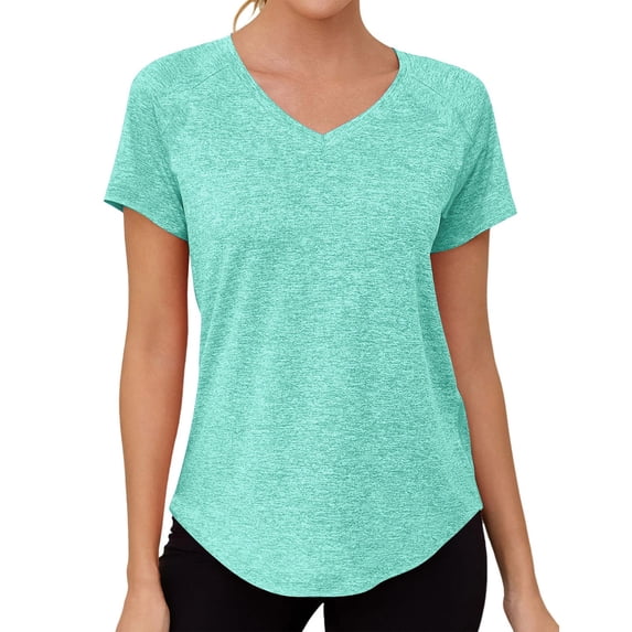 Babysbule Women's V-Neck Raglan Short Sleeve Quick-Dry Workout Top Relaxed Fit Curved Hem Casual Relaxed Fit Tee