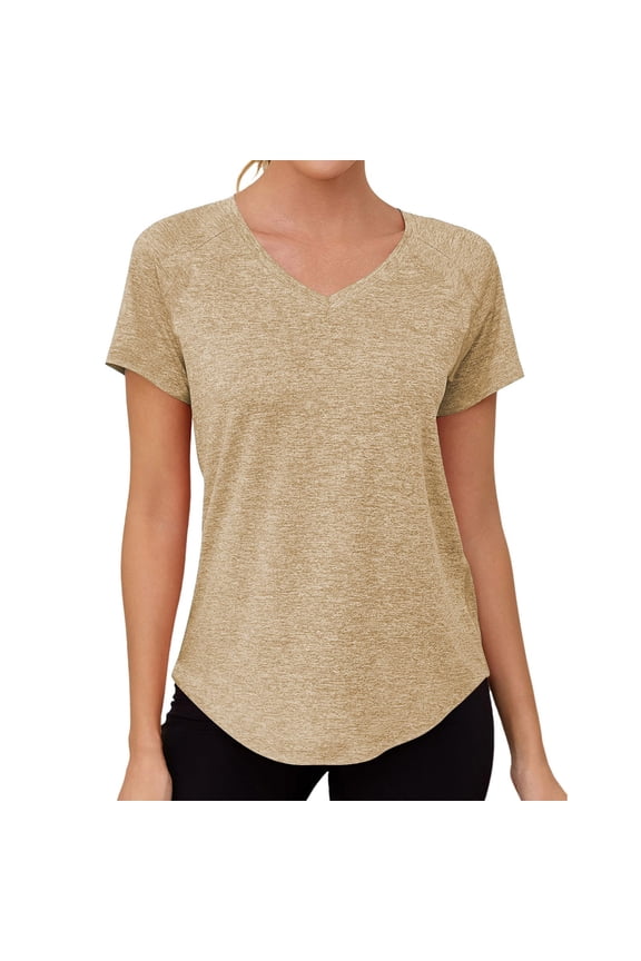Women's V-Neck Raglan Short Sleeve Quick-Dry Workout Top Relaxed Fit Curved Hem Casual Relaxed Fit Tee