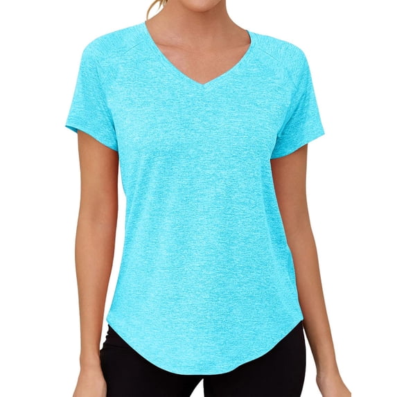 Babysbule Women's V-Neck Raglan Short Sleeve Quick-Dry Workout Top Relaxed Fit Curved Hem Casual Relaxed Fit Tee