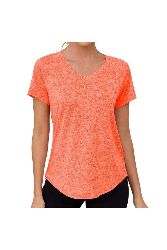 Women's V-Neck Raglan Short Sleeve Quick-Dry Workout Top Relaxed Fit Curved Hem Casual Relaxed Fit Tee