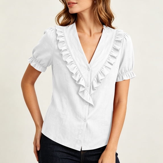 Babysbule Women's V-Neck Ruffle Collar Puff Short Sleeve Button Front Relaxed Fit Casual Blouse Everyday Top